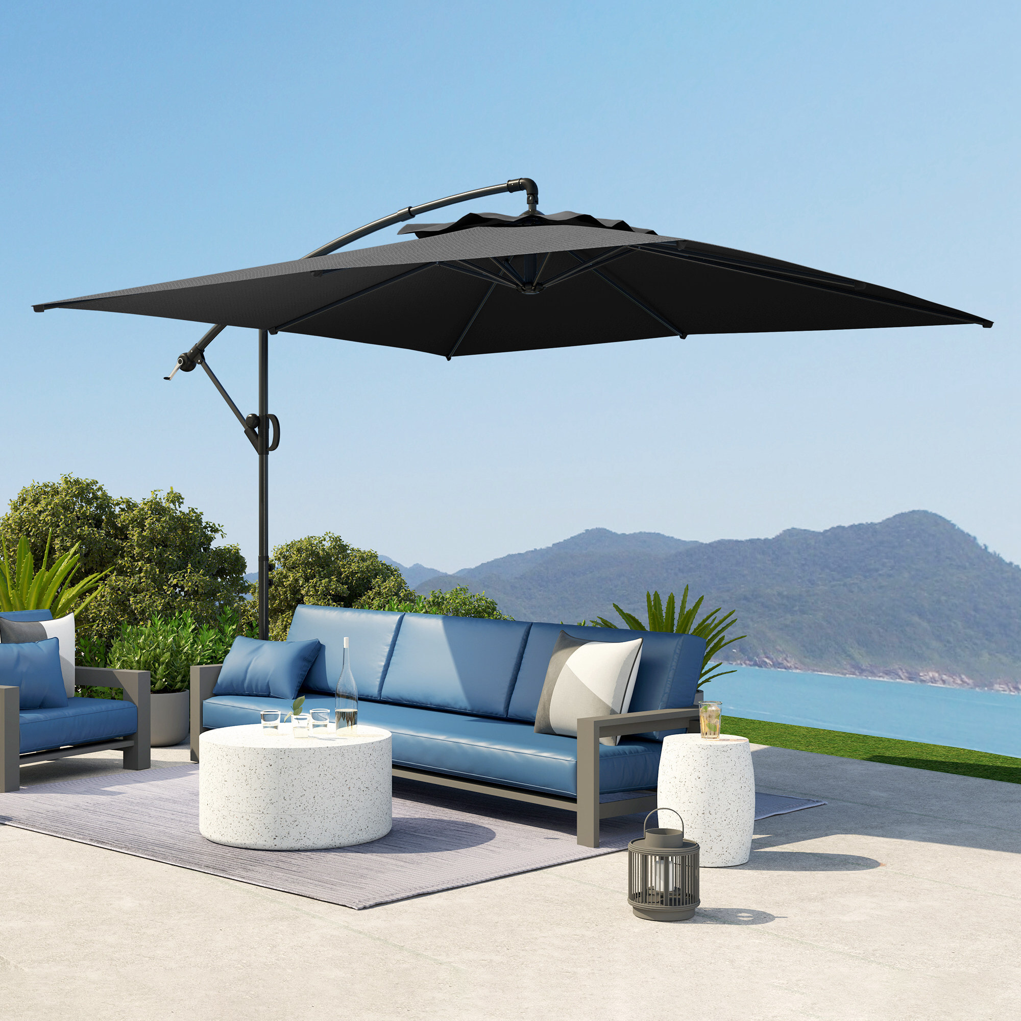 Parasol déporté carré 3 x 3 m réglable piètement croix manivelle tissu haute densité 180g/m² UPF50+ gris
