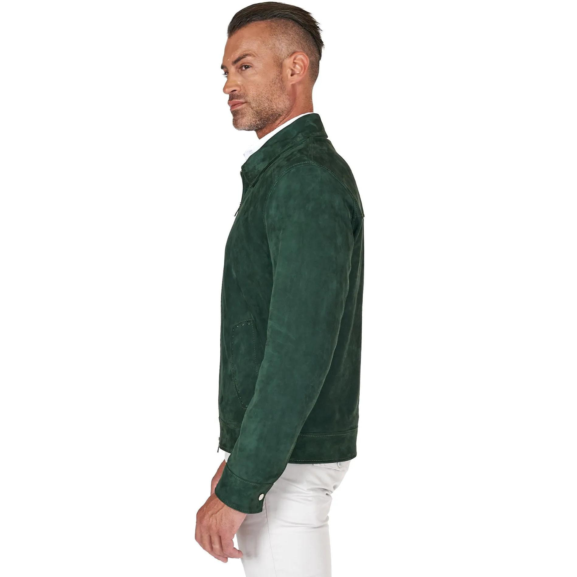 Giacca in camoscio color verde impunturata colletto camicia