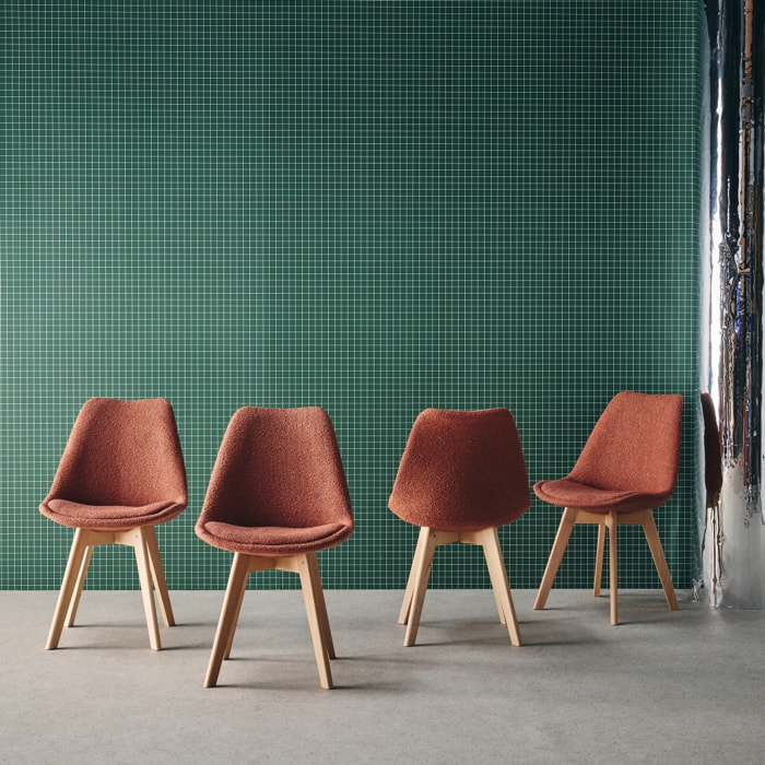 Lot de 4 chaises scandinaves revêtement bouclette texturée terracotta. pieds bois de hêtre - Nils