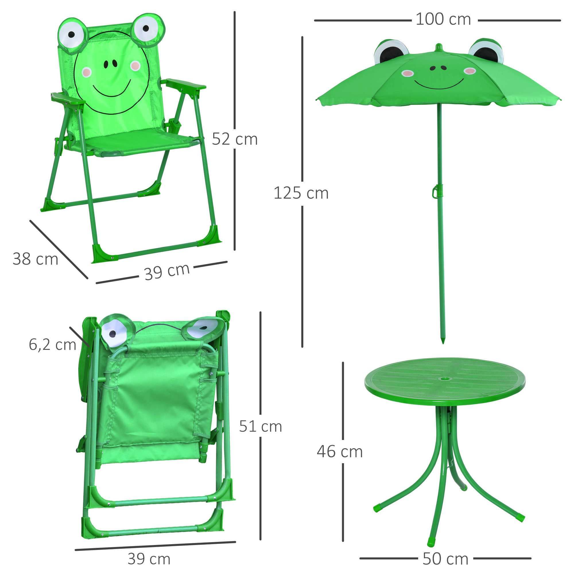 Set de Mesa y Sillas Infantil de Jardín Conjunto de Picnic Plegable para Niños Juego de Mesa con Sombrilla Ajustable en Altura de 100-125 cm Diseño de Rana Verde