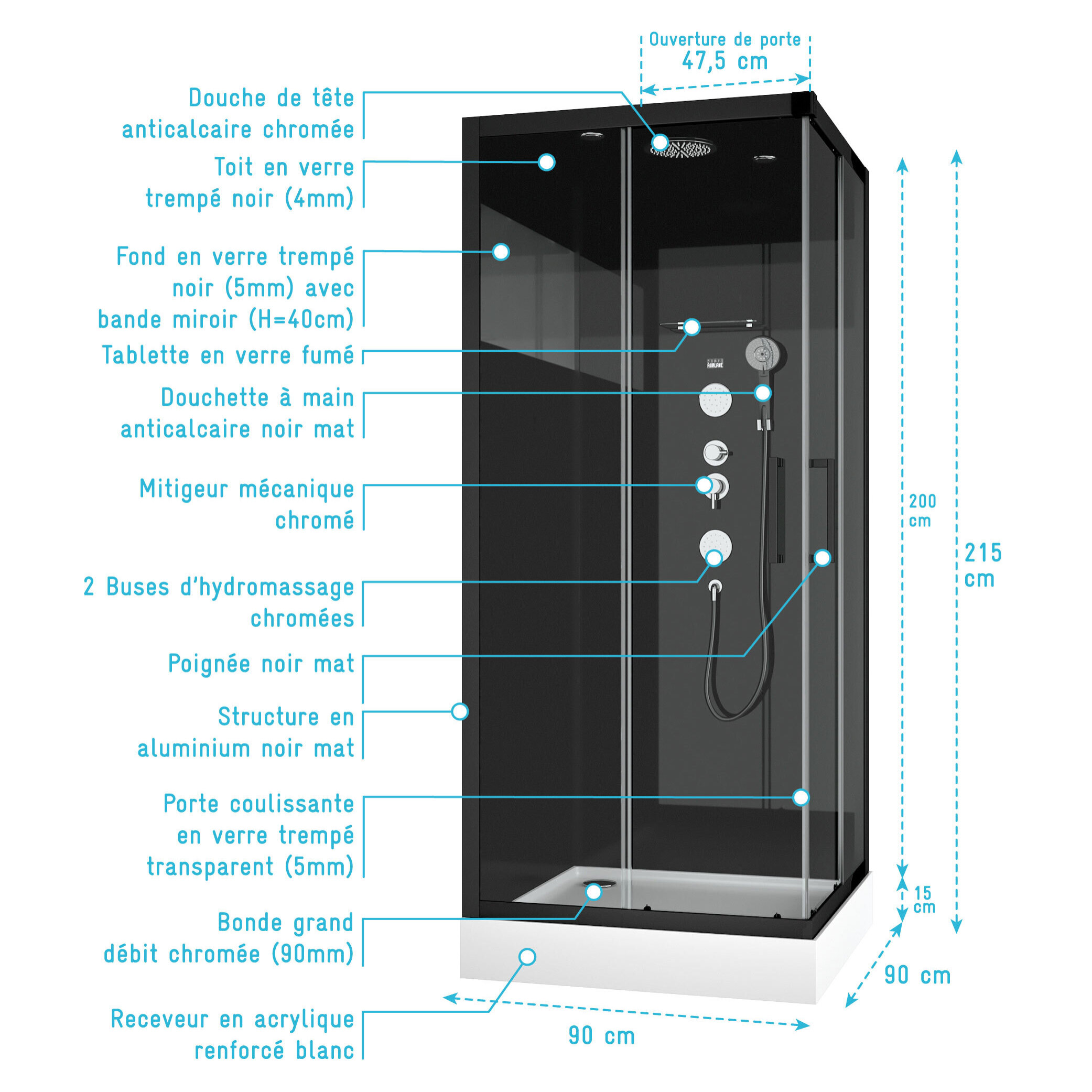 Cabine de douche carrée 90x90x215cm - MIRROR SPACE SQUARE