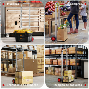 Carretilla Plegable de Aluminio con Mango Telescópico Ajustable, Carga 90 kg, Carretilla de Mano con Ruedas, para Garaje, Oficina, Equipaje, Viajes, Mudanzas y Compras, Plata y Negro