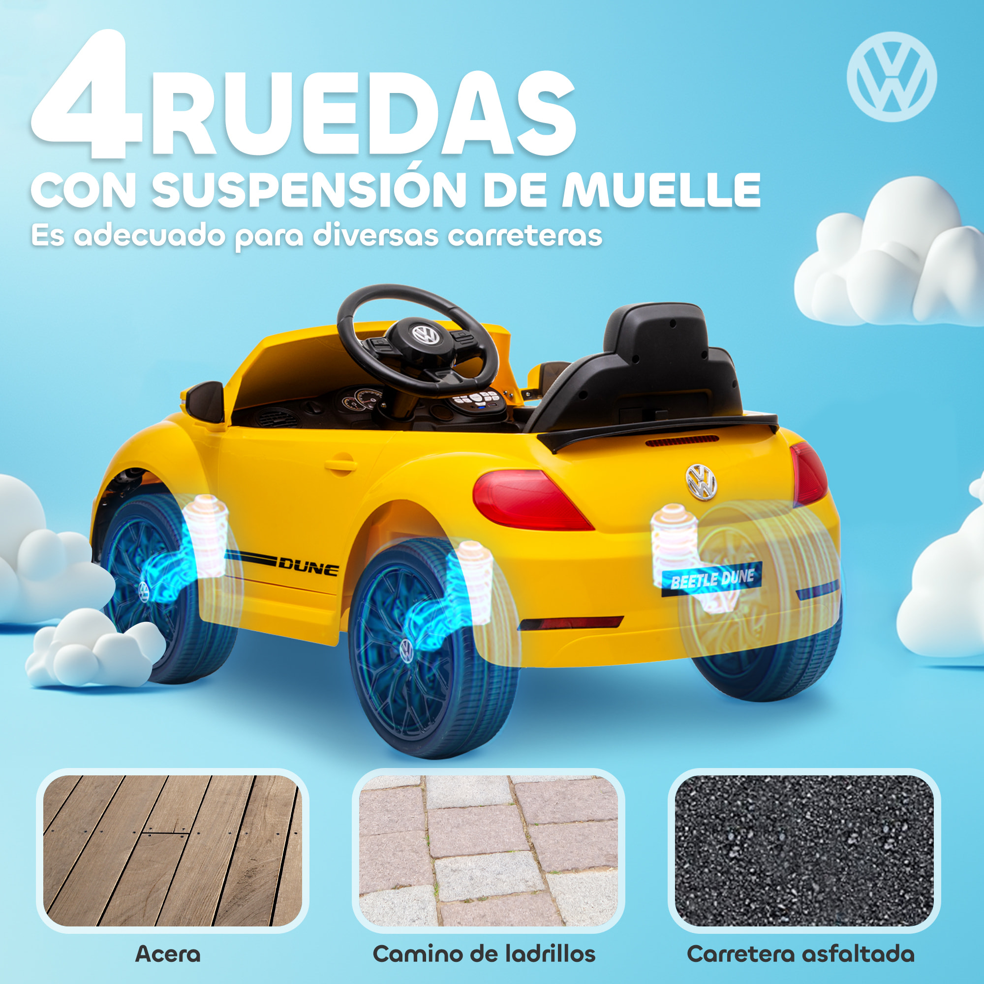 Coche Eléctrico para Niños de +3 Años Volkswagen Beetle Carro Eléctrico Infantil con Batería 12V Mando a Distancia Faros Bocina y Música Amarillo