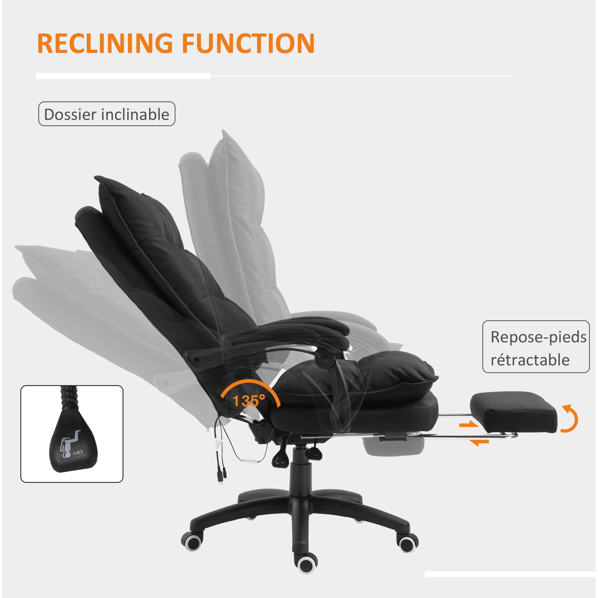 HOMCOM Fauteuil de bureau direction massant hauteur réglable dossier inclinable repose-pied intégré toile de lin noir