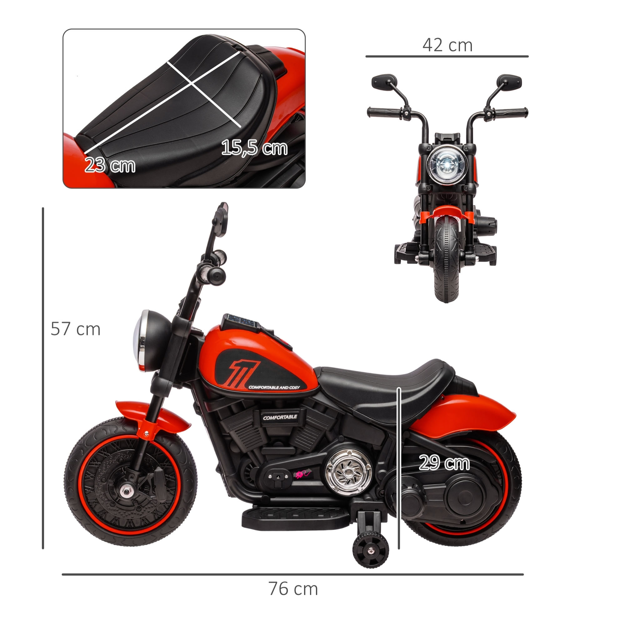 Moto électrique enfant 6 V 3 Km/h effet lumineux roulettes amovibles repose-pied pédale métal PP rouge noir