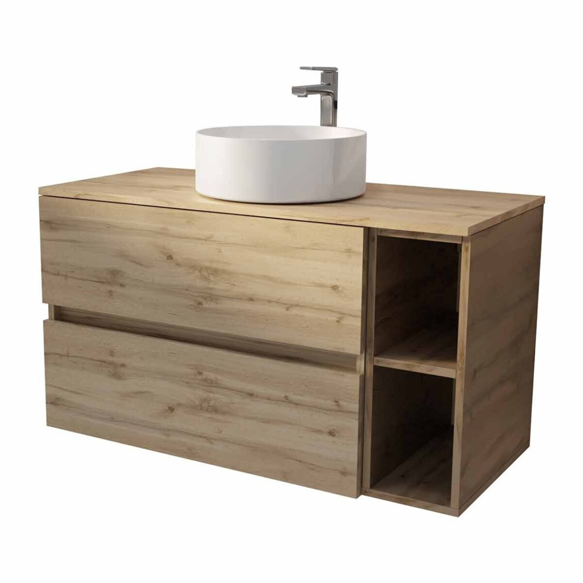 Meuble de salle de bains 100cm TIMBER Décor Chêne 2 Tiroirs et Module - Vasque Ronde Blanche