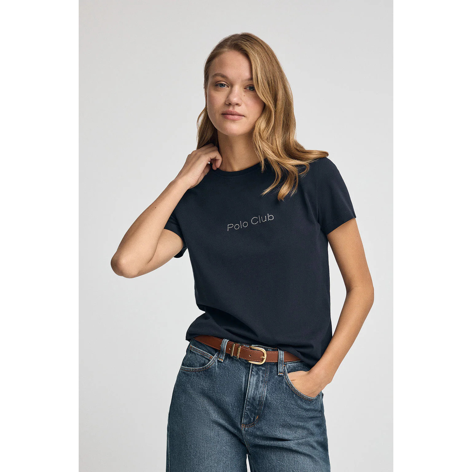 Camiseta azul marino de manga corta con brillantes Polo Club