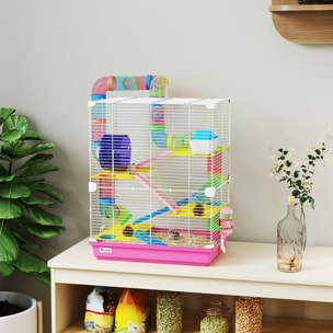 Jaula para Hámster de 5 Niveles, Casa para Roedores Pequeños con Túnel, Plataformas, Cuenco, Bebedero, Casita, Rampas y Rueda de Ejercicio, para Jerbos, 46x30x58cm Rosa