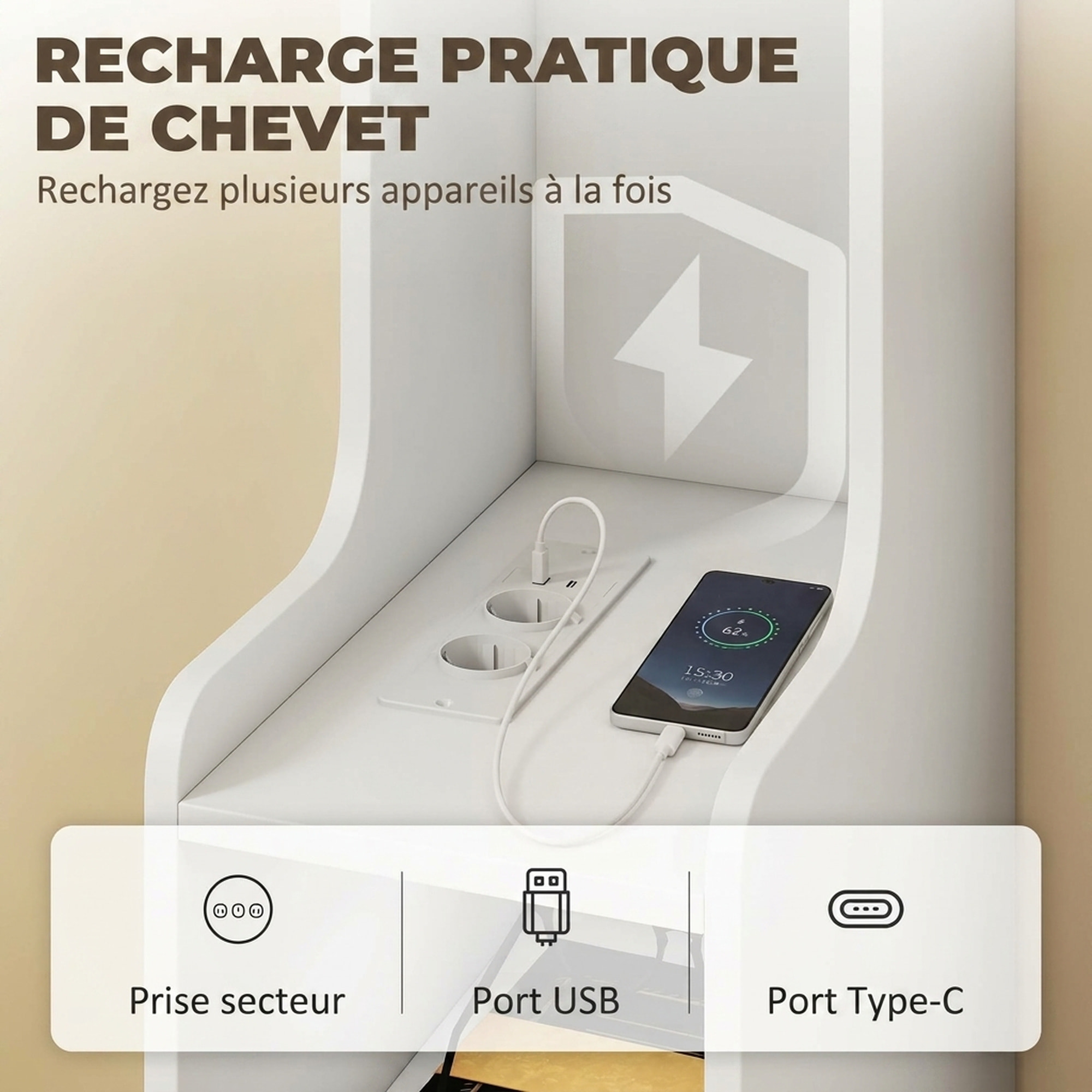 Lot de 2 chevets avec station de charge - tiroir, niches, étagère - blanc