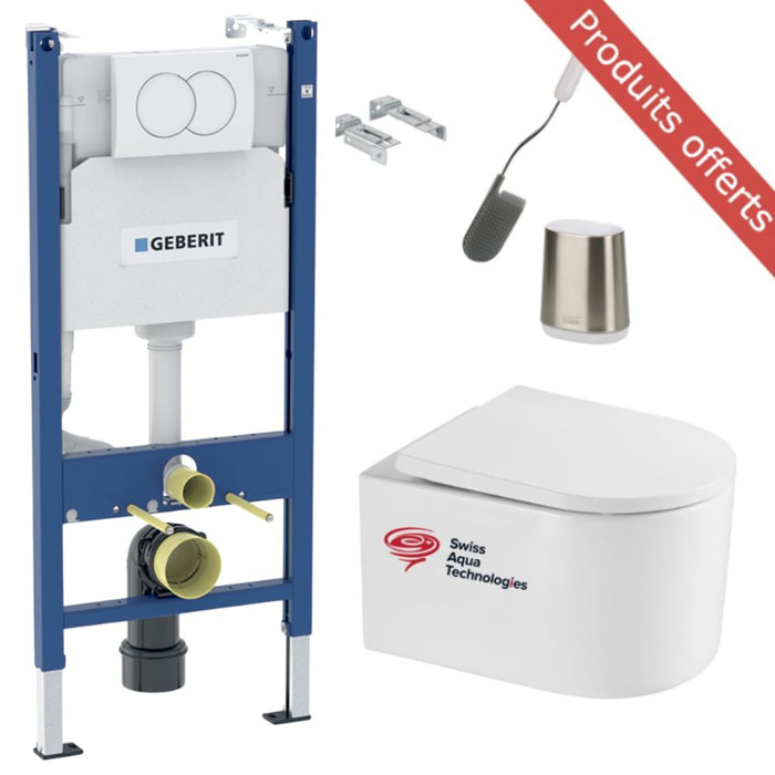 Pack WC Bâti Geberit + WC sans bride Swiss Aqua Technologies + Abattant softclose + Plaque + Brosse Joseph Joseph OFFERTE
