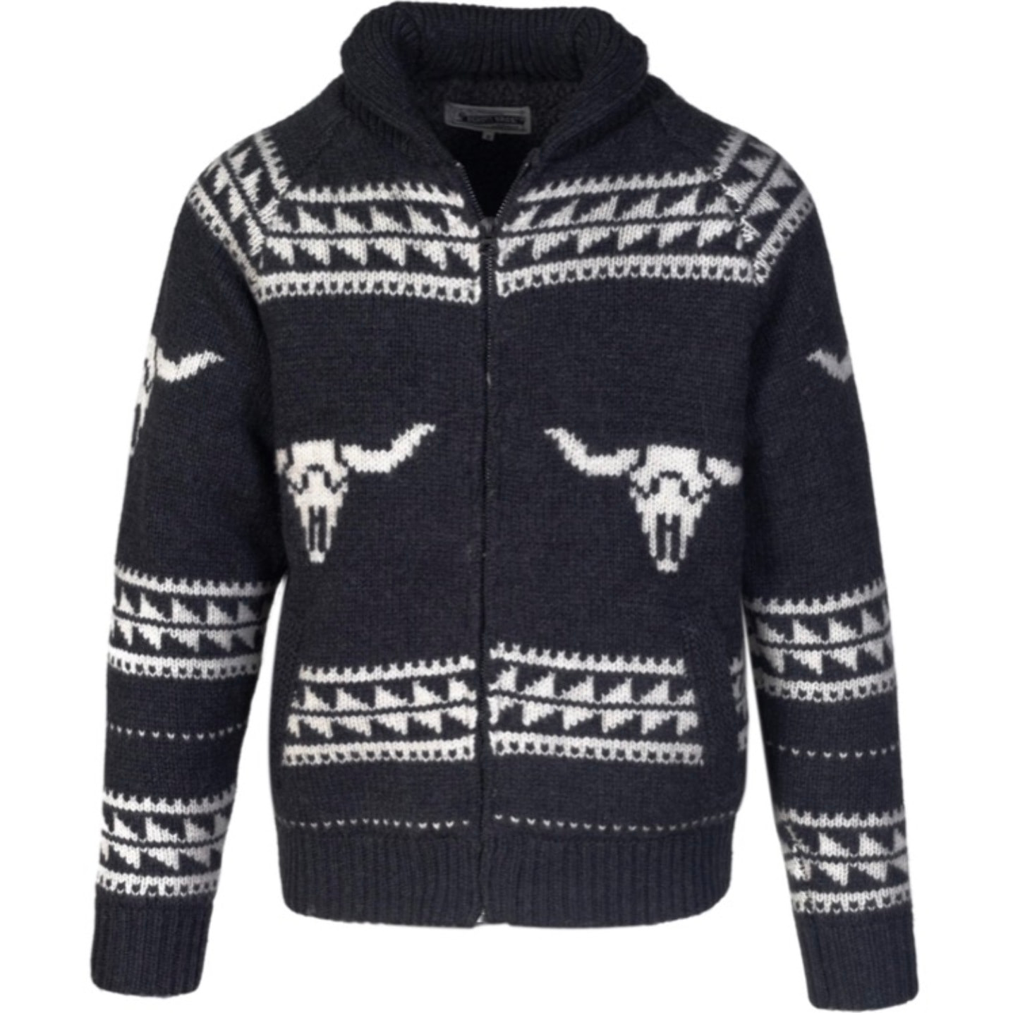 F2138Heavyweight wool blend faux Sherpa lined longhorn motif sweater jacket with shawl collar, zip front closure63% cotton, 30% poly, 7% yakHEATHER BLACK