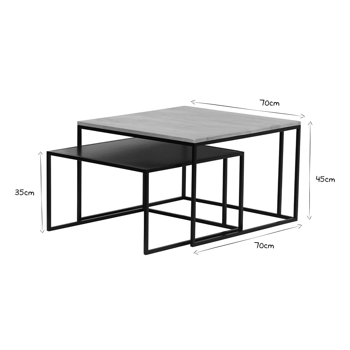 Tables basses gigognes carrées bois manguier massif et métal noir (lot de 2) TAHL