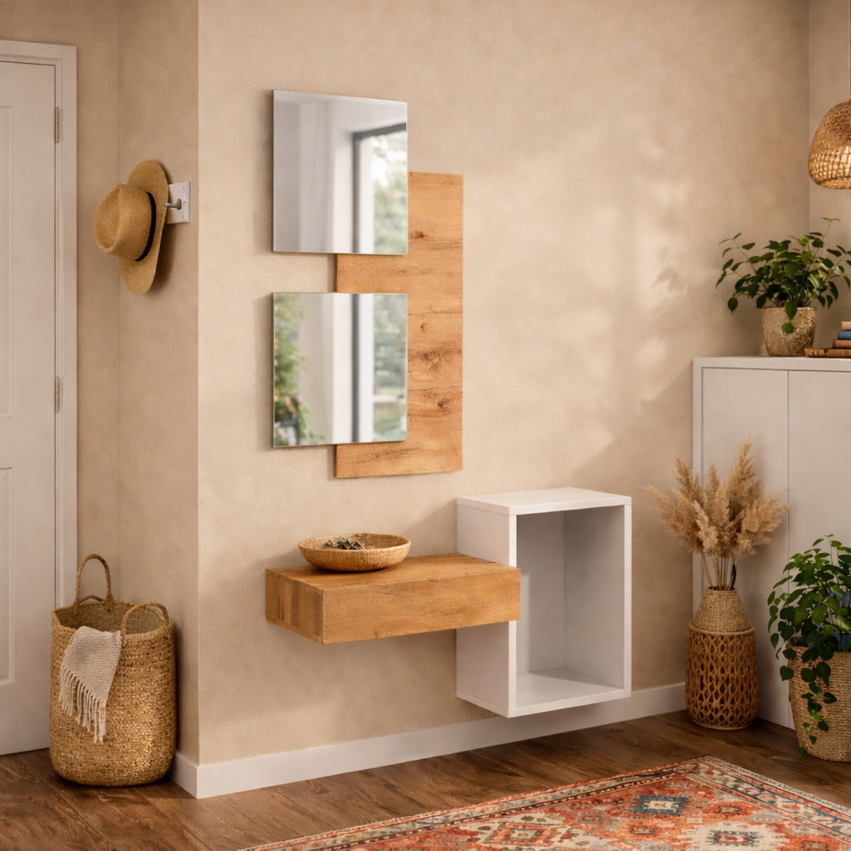 Set Mobile Ingresso Moderno Con Specchi Pensile A Giorno Mensola Con Cassetto Salvaspazio Mobile Da Parete 100 x 170 x 30 Cm Bianco E Rovere
