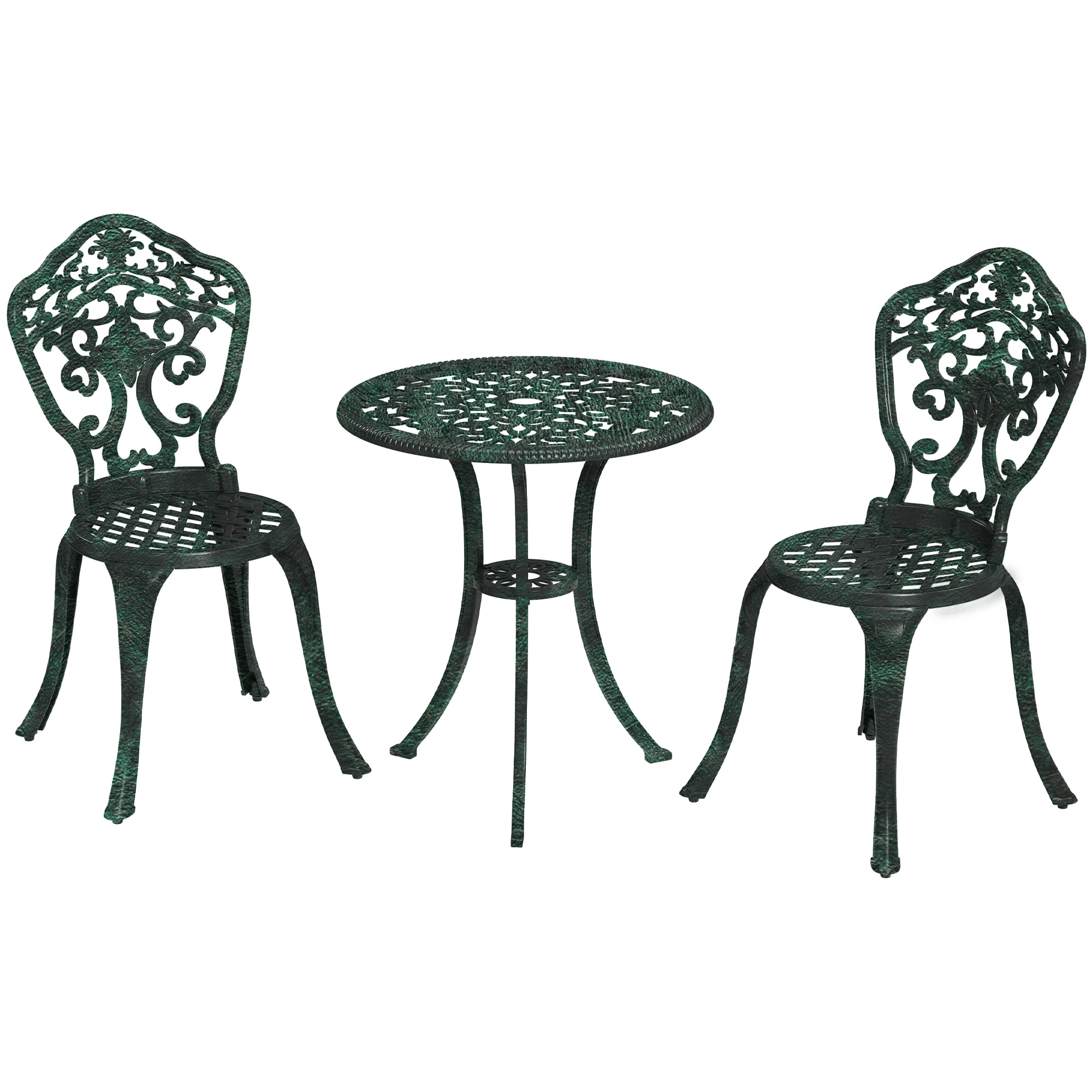 Ensemble bistrot de jardin 2 personnes 3 pièces aluminium aspect fer forgé noir vieilli vert