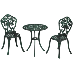 Ensemble bistrot de jardin 2 personnes 3 pièces aluminium aspect fer forgé noir vieilli vert
