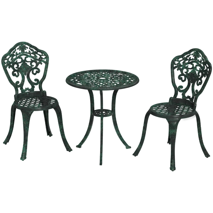 Ensemble bistrot de jardin 2 personnes 3 pièces aluminium aspect fer forgé noir vieilli vert