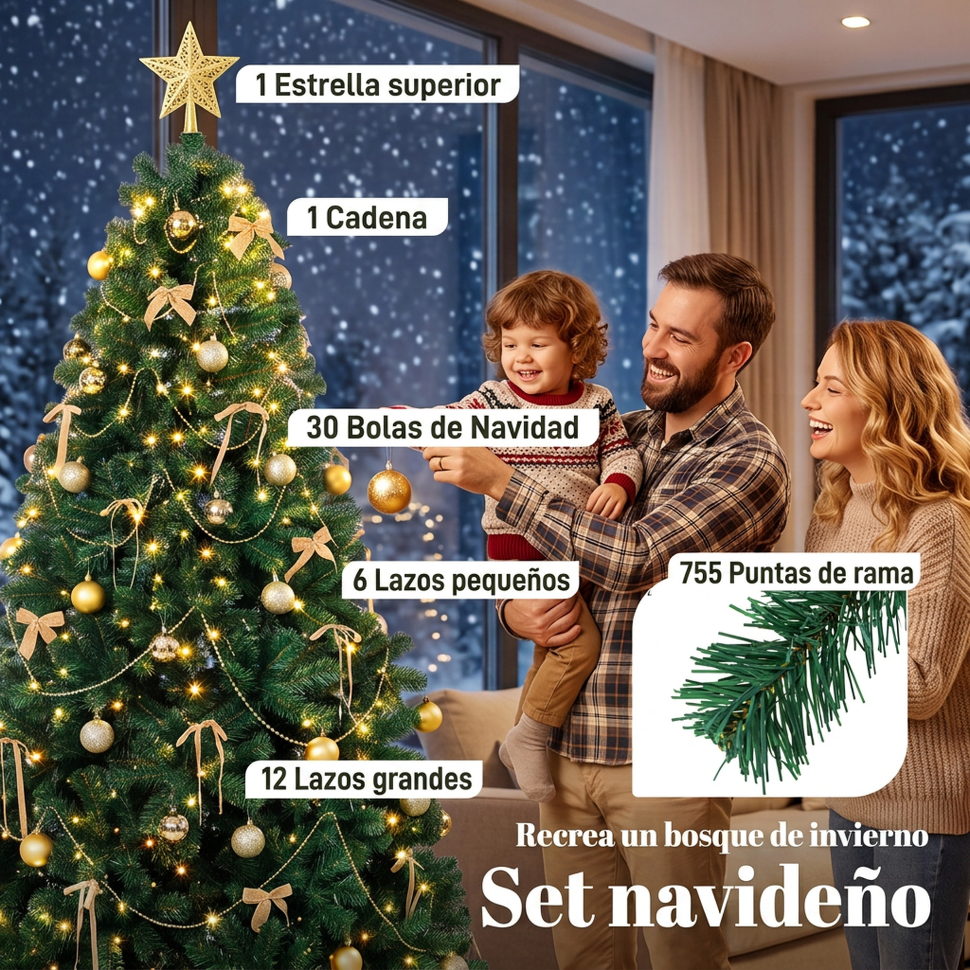 Árbol de Navidad con 240 LED Blanco Cálido, 180 cm, Árbol de Navidad Decorativo, 755 Ramas Ignífugas, Estrella, 30 Bolas, 18 Lazos y Decoración Dorada, Verde