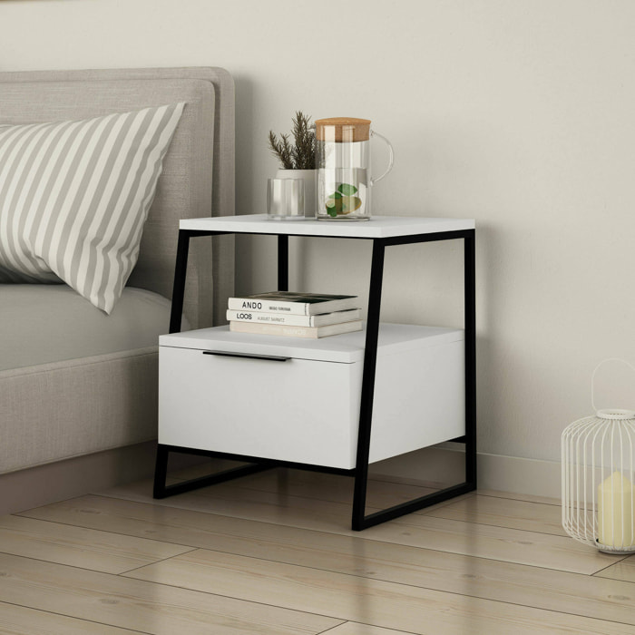 Comodino Rosita, Comò basso, Tavolino da notte, Mensola da letto, 45x41 h50 cm, Bianco e Nero