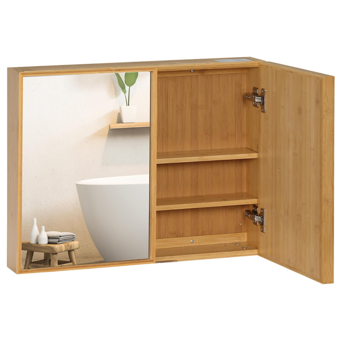 Miroir de salle de bain avec placard 2 portes - 2 étagères - bois de bambou verni