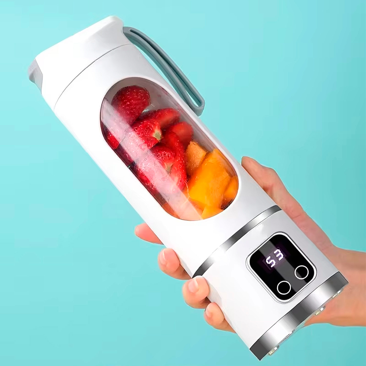 Frullatore portatile da 450ml con 10 lame in acciaio, schermo LCD, 3 livelli di timer, sicurezza con doppio clic e batteria da 1300mAh.