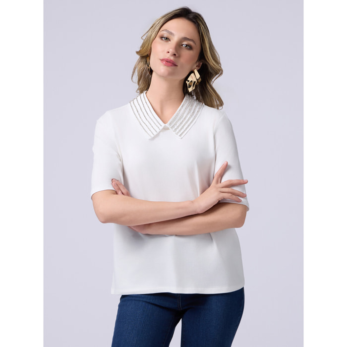 Oltre - T-shirt maniche corte con colletto gioiello - Bianco