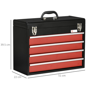 DURHAND Cassetta Porta Attrezzi in Acciaio con 4 Cassetti e Vassoio Superiore, 51x22x39.5 cm, Rosso e Nero