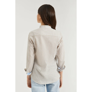 Camicia a righe con collo alla coreana e logo ricamato sul petto