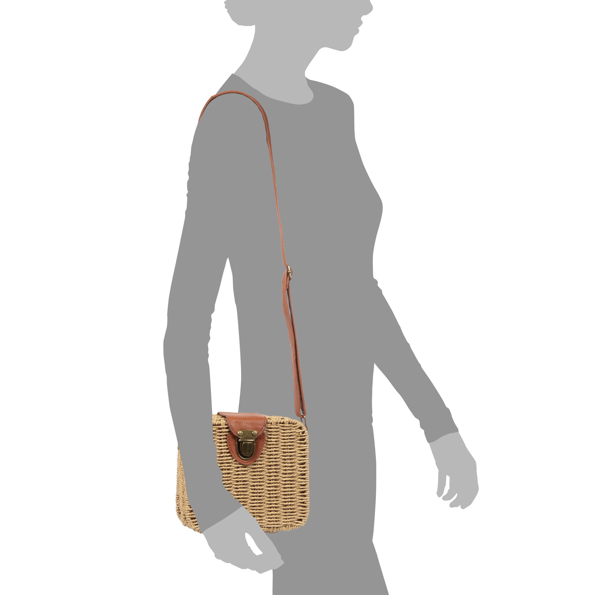 IRIA QUINTANA Borsa a tracolla da donna Empoli. Tessuto Paglia Pelle Sintetica PU 18x7x17 Cm. Colore cammello