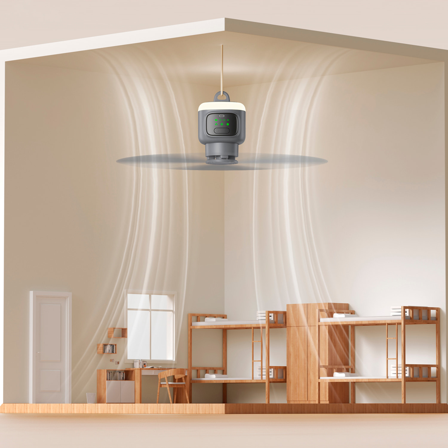 Ventilador de techo FS-6P de 45 cm. Con luz LED integrada, 4 velocidades, batería de larga duración de 12000 mAh. Incluye mando a distancia.