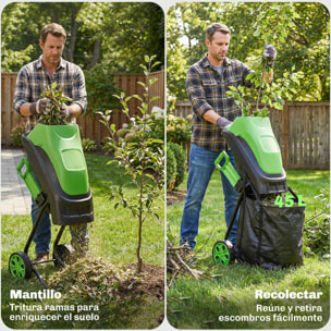 Trituradora de Ramas Eléctrica 2500W, Trituradora de Jardín con 2 Cuchillas Reversibles hasta Ø44 mm de Ramas, Bolsa de Recolección de 45L, Ruedas y Protección de Sobrecarga, Verde