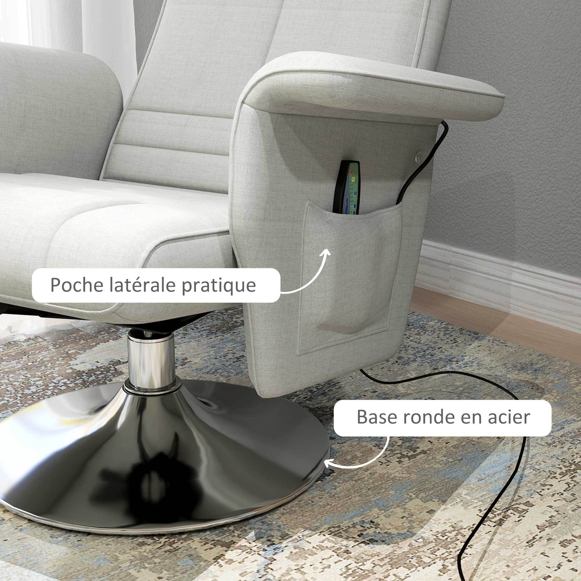 Fauteuil relax massant inclinable réglable avec repose-pied piètement acier chromé tissu grège clair
