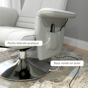 Fauteuil relax massant inclinable réglable avec repose-pied piètement acier chromé tissu grège clair