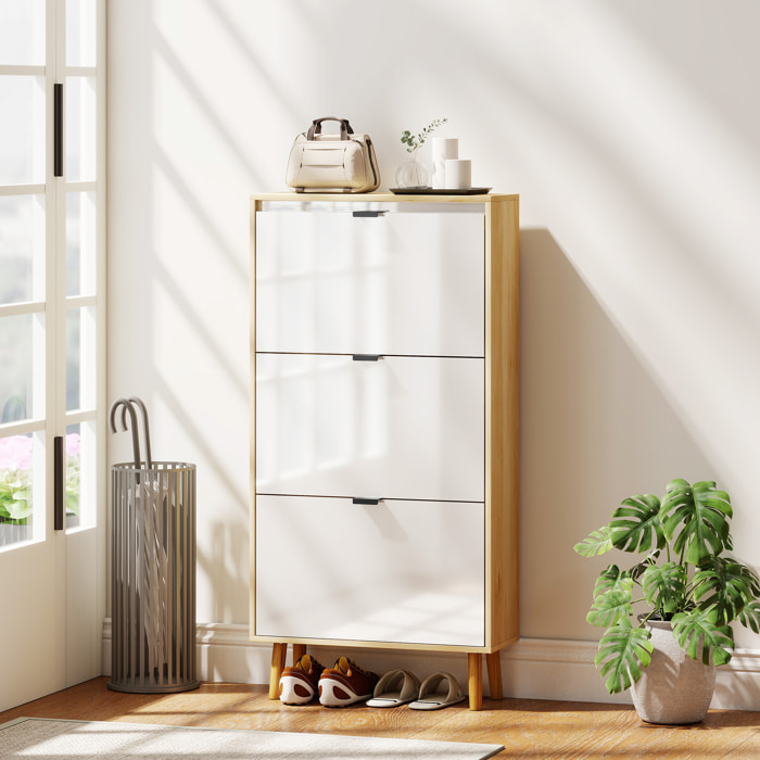 Meuble à chaussures style scandinave 3 portes étagères réglables piètement bois blanc effet bois clair