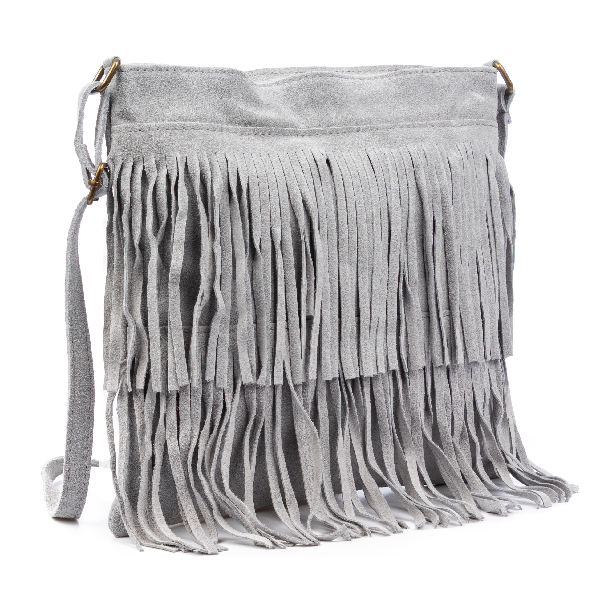 Borsa a tracolla Avise con frange donna. Vera pelle scamosciata.