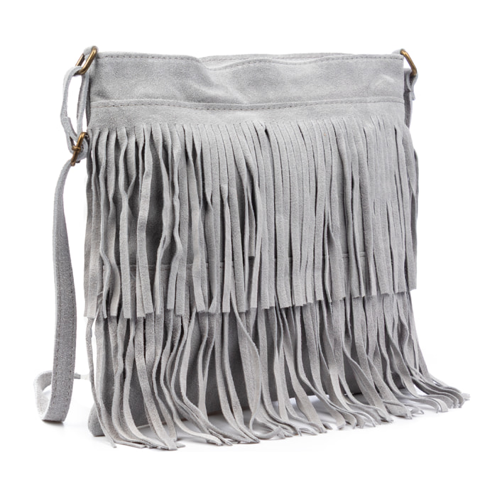 Borsa a tracolla Avise con frange donna. Vera pelle scamosciata.