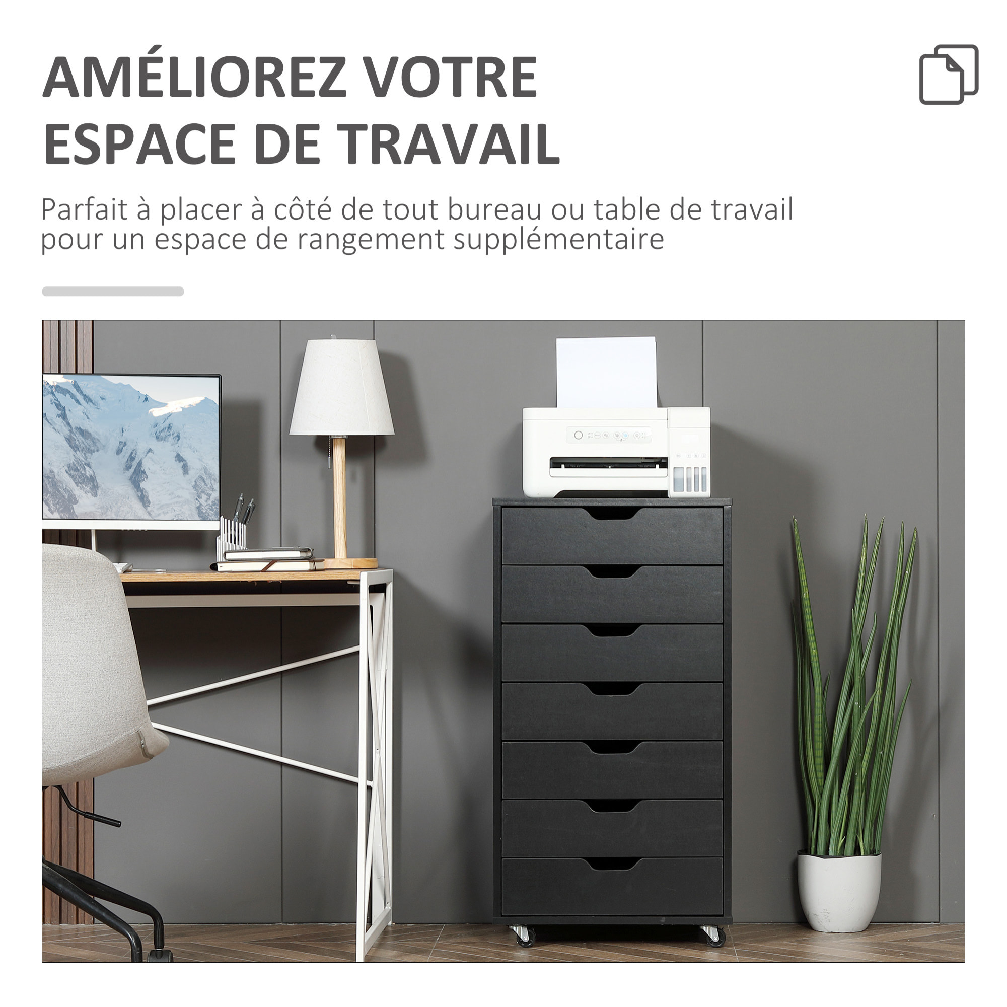 Caisson bureau - rangement bureau 7 tiroirs - dim. 47,5L x 39,5l x 90H cm - noir