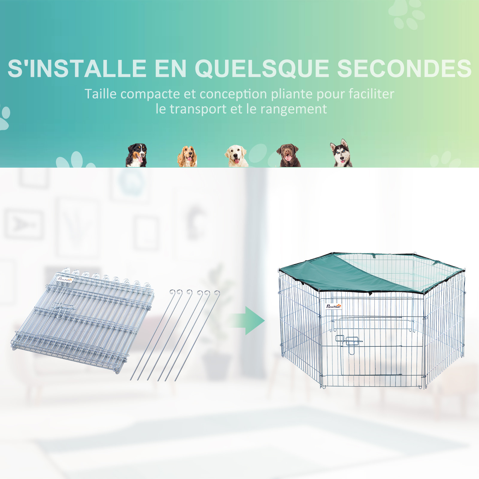 PawHut Parc enclos modulable Acier 6 Panneaux et 1 Porte pour Chiens Ø 120 x 60 cm Gris Métal vert