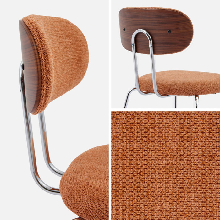 2 chaises décor bois courbé teinté noyer et tissu déperlant terracotta. pieds métal chromé - L 45 x P 55 x H 80cm - Erin
