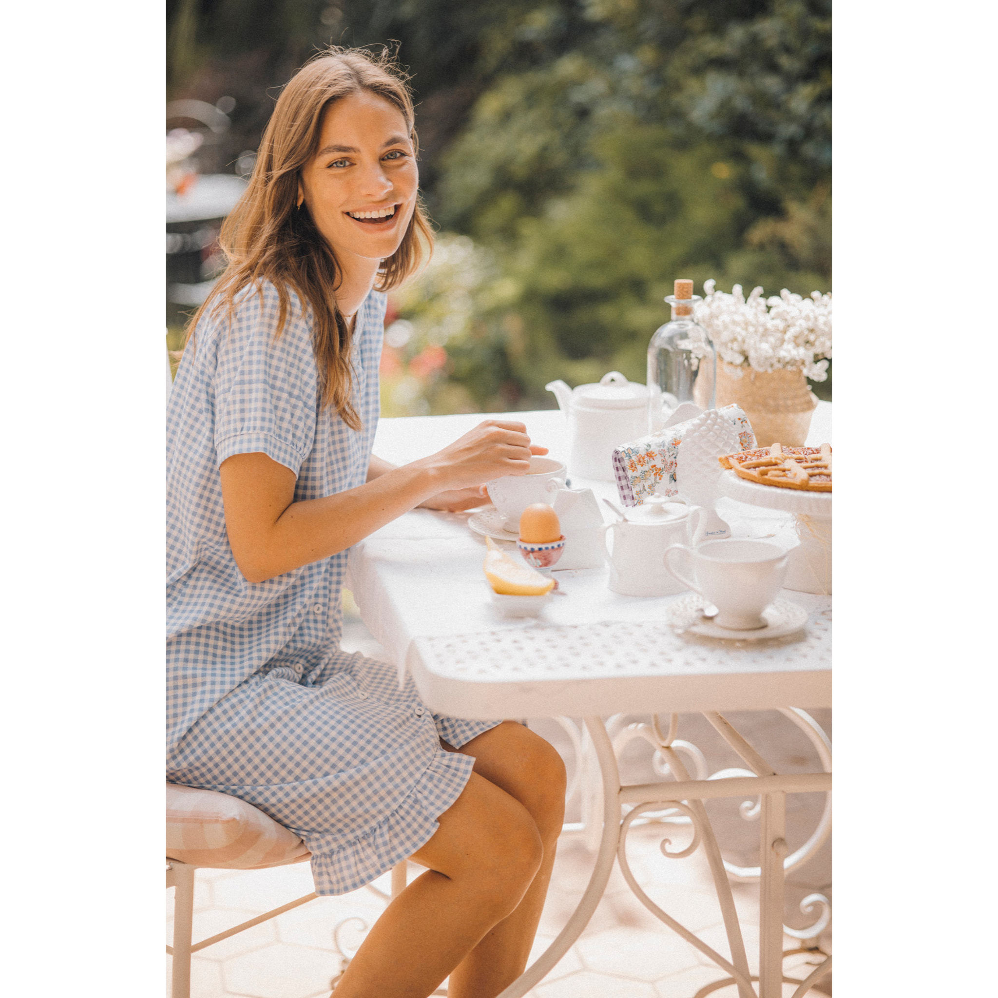 Camicia da notte donna in cotone con manica corta e abbottonatura centrale articolo stampa vichy Noidinotte