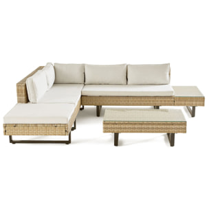 Sashi – salon de jardin d'angle en résine beige et grise – 5 places - coussins gris clair et table incluse - Gris