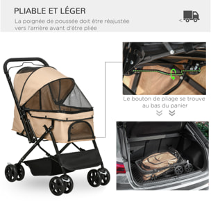 Poussette buggy pliable chien chat panier et sac de rangement attaches sécurité housse réglable poignée réglable acier Oxford beige