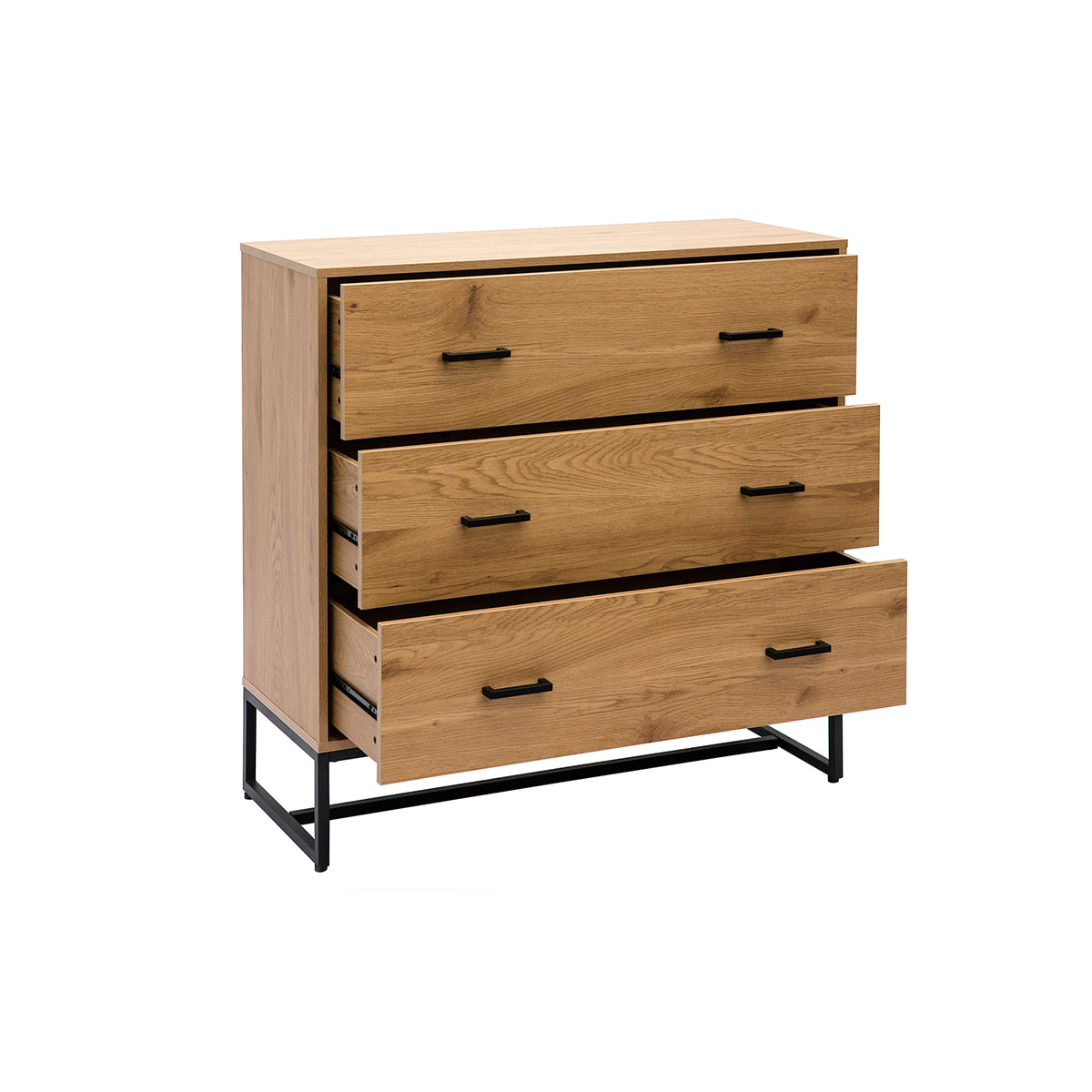 Commode 3 tiroirs finition bois clair chêne et métal noir L100 cm LOVATO