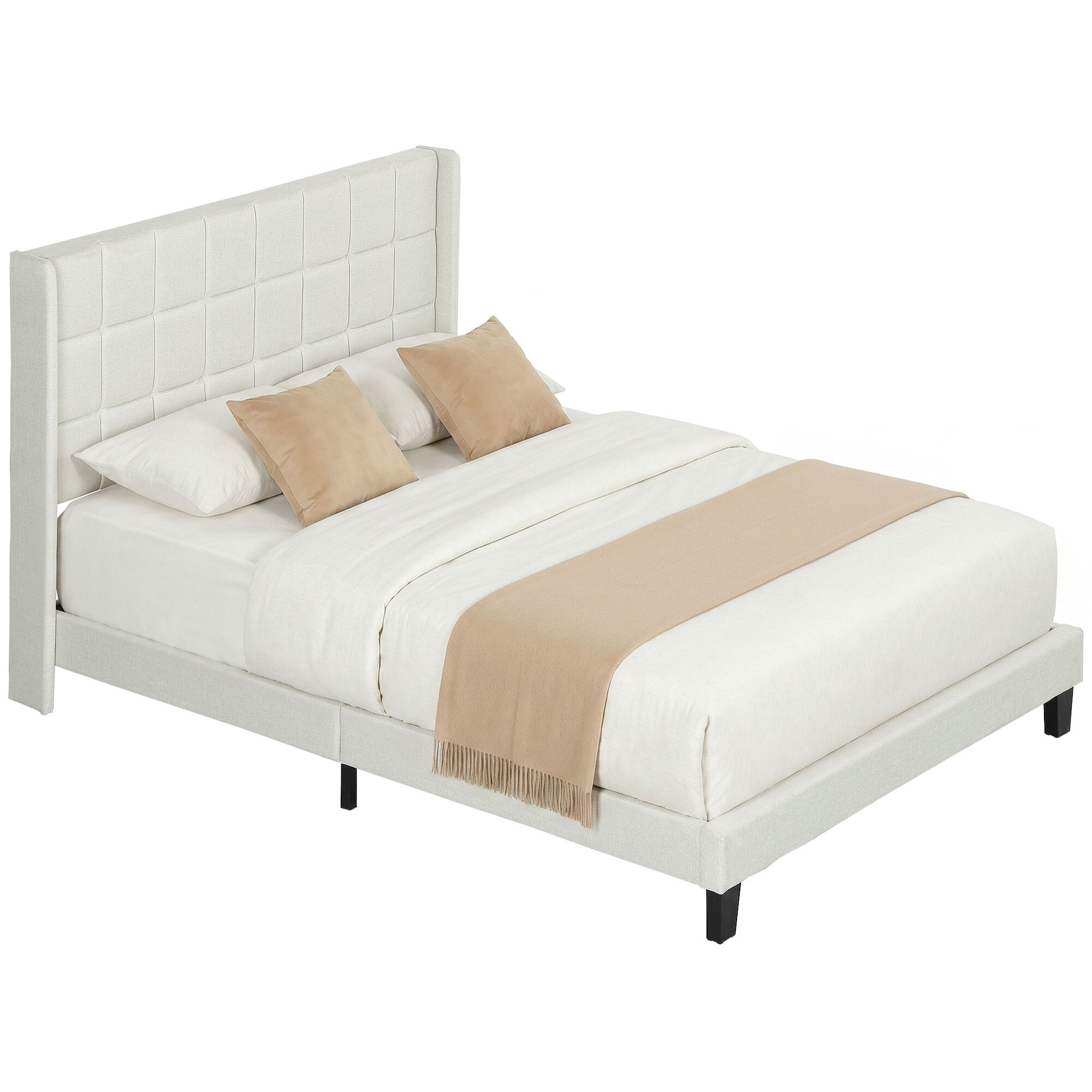 Cama Tapizada 135x190 cm con Cabecero Acolchado con Orejas y Almacenaje Inferior, Marco de Cama Doble con Somier de Lamas de Madera, Diseño Moderno, Fácil Montaje, Beige