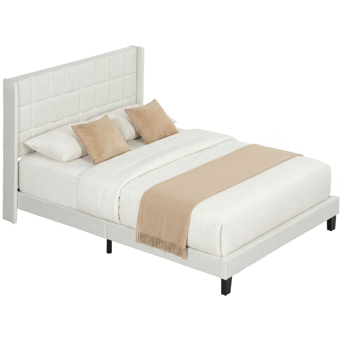 Cama Tapizada 135x190 cm con Cabecero Acolchado con Orejas y Almacenaje Inferior, Marco de Cama Doble con Somier de Lamas de Madera, Diseño Moderno, Fácil Montaje, Beige