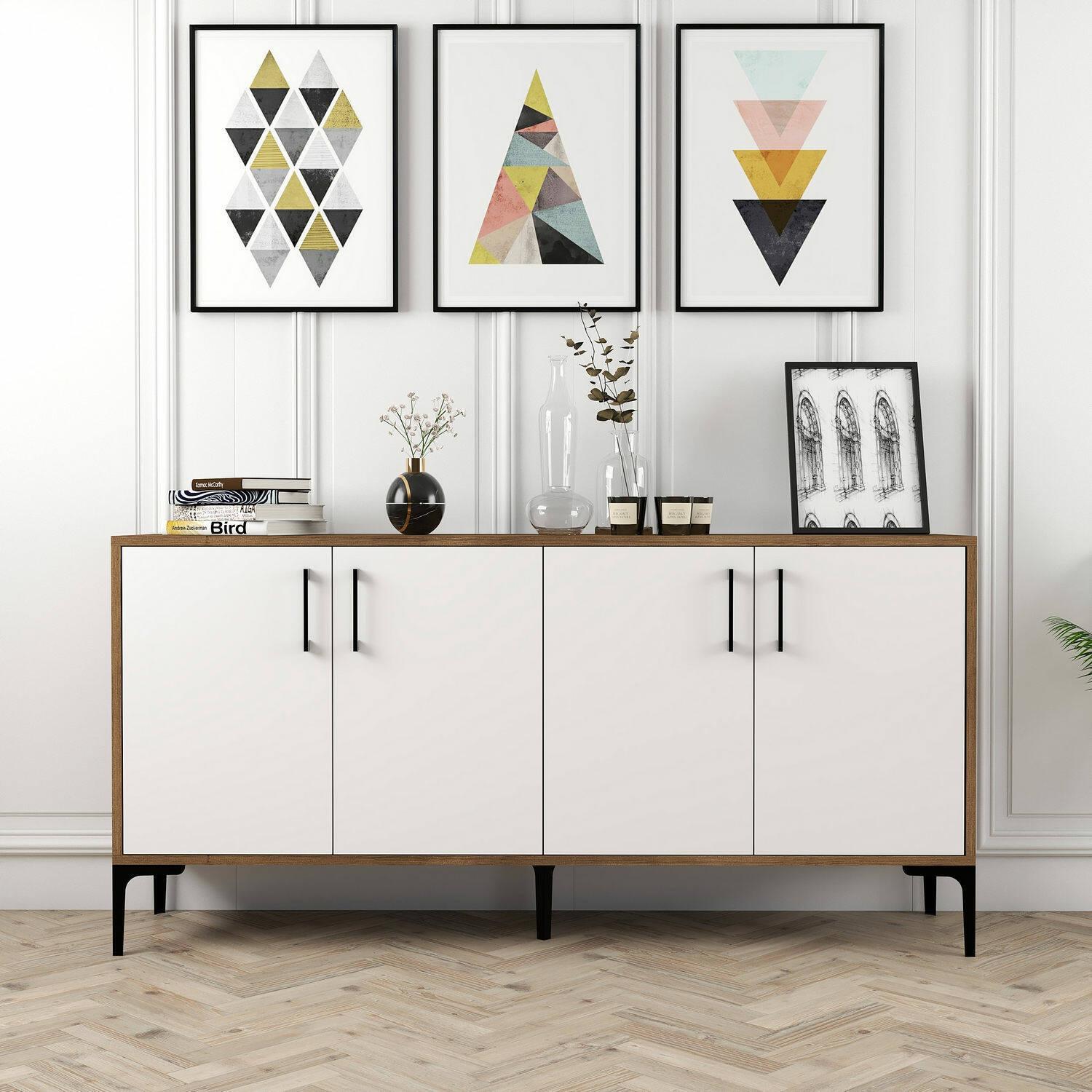 Credenza Daltobell, Buffet da soggiorno, Madia da salotto, Dispensa da cucina, 160x35h78 cm, Noce e Bianco