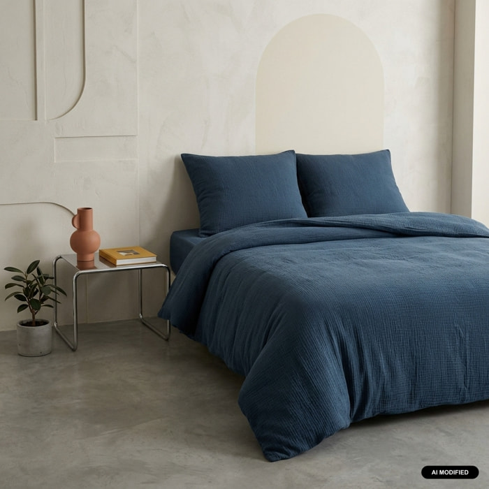 Parure de lit gaze de coton bleu foncé ALIX
