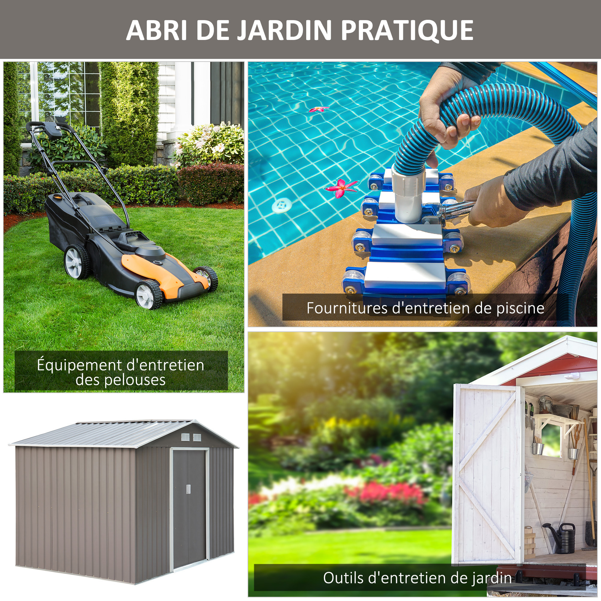 Abri de jardin - remise pour outils - cabanon double porte coulissante - fondation incluse - dim. 277L x 191l x 192H cm - tôle d'acier ondulée grise