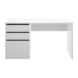 Scrivania Ardina, Scrittoio multiuso da ufficio o cameretta, Tavolo da studio lineare con 2 cassetti e 1 anta, 139x60h75 cm, Bianco lucido