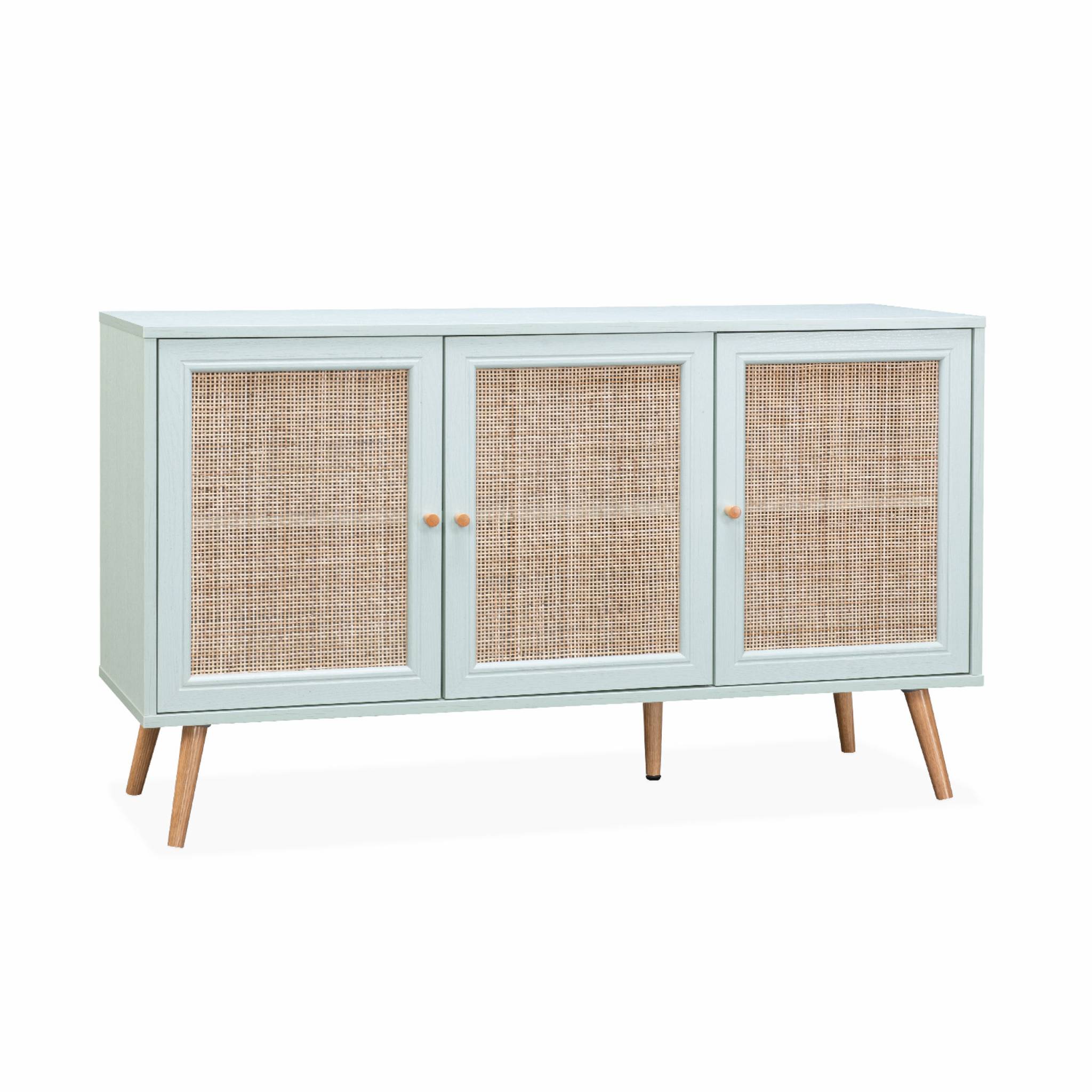 Buffet de rangement en cannage 120x39x70cm  - Bohème - 2 niveaux. 3 portes. pieds scandinaves. buffet bas