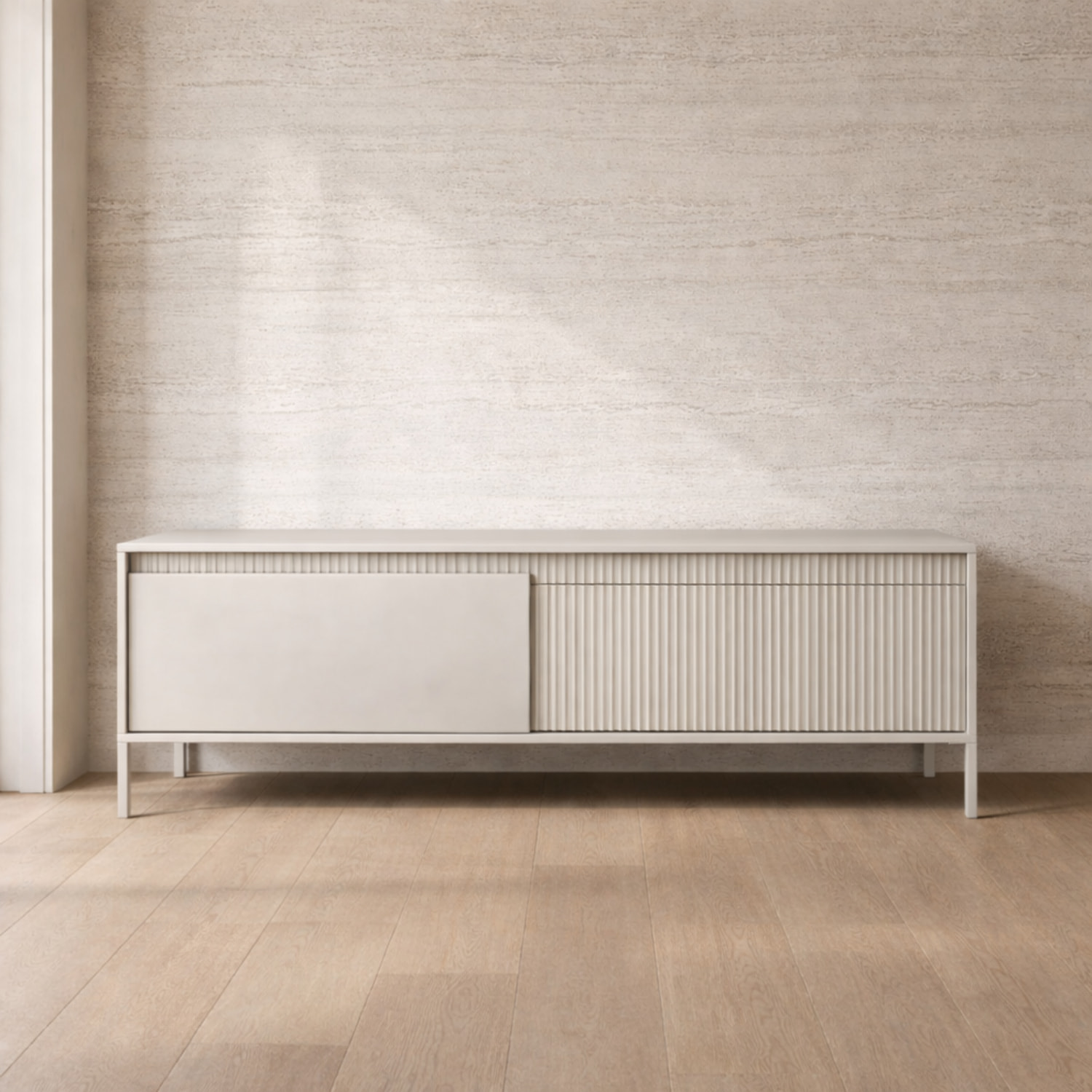 Mobile TV Moderno Con 2 Ante Push To Open Design Scanalato Elegante Minimal Base In Metallo Per Soggiorno Salotto 187.1 x 53.4 x 39.5 Cm Cashmere